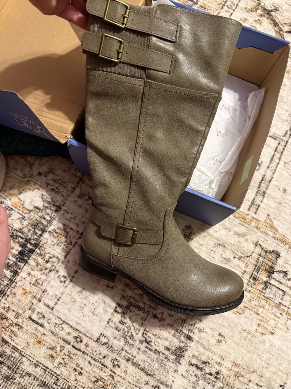 Jelly pop Women's Olive Knee-High Buckle Riding Boots color says taupe